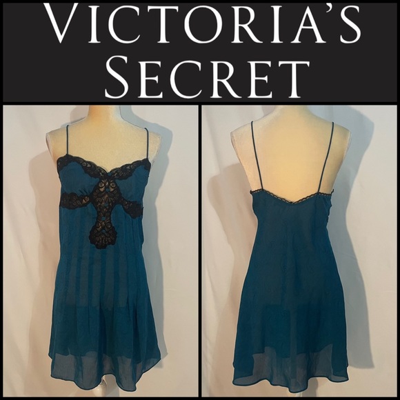 Victoria's Secret Other - Vintage Gold Label Victoria’s Secret Teal &
Black Chemise Size Large